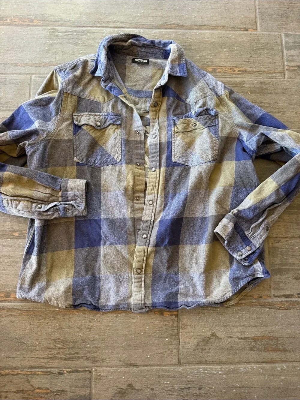 True Religion Blue and Olive Plaid Button-Up Shirt